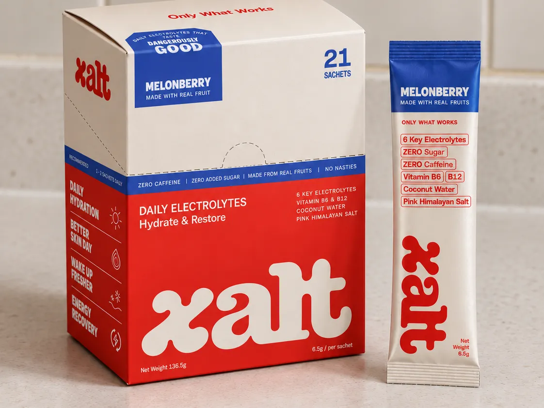 A box of XALT Melonberry with a sachet