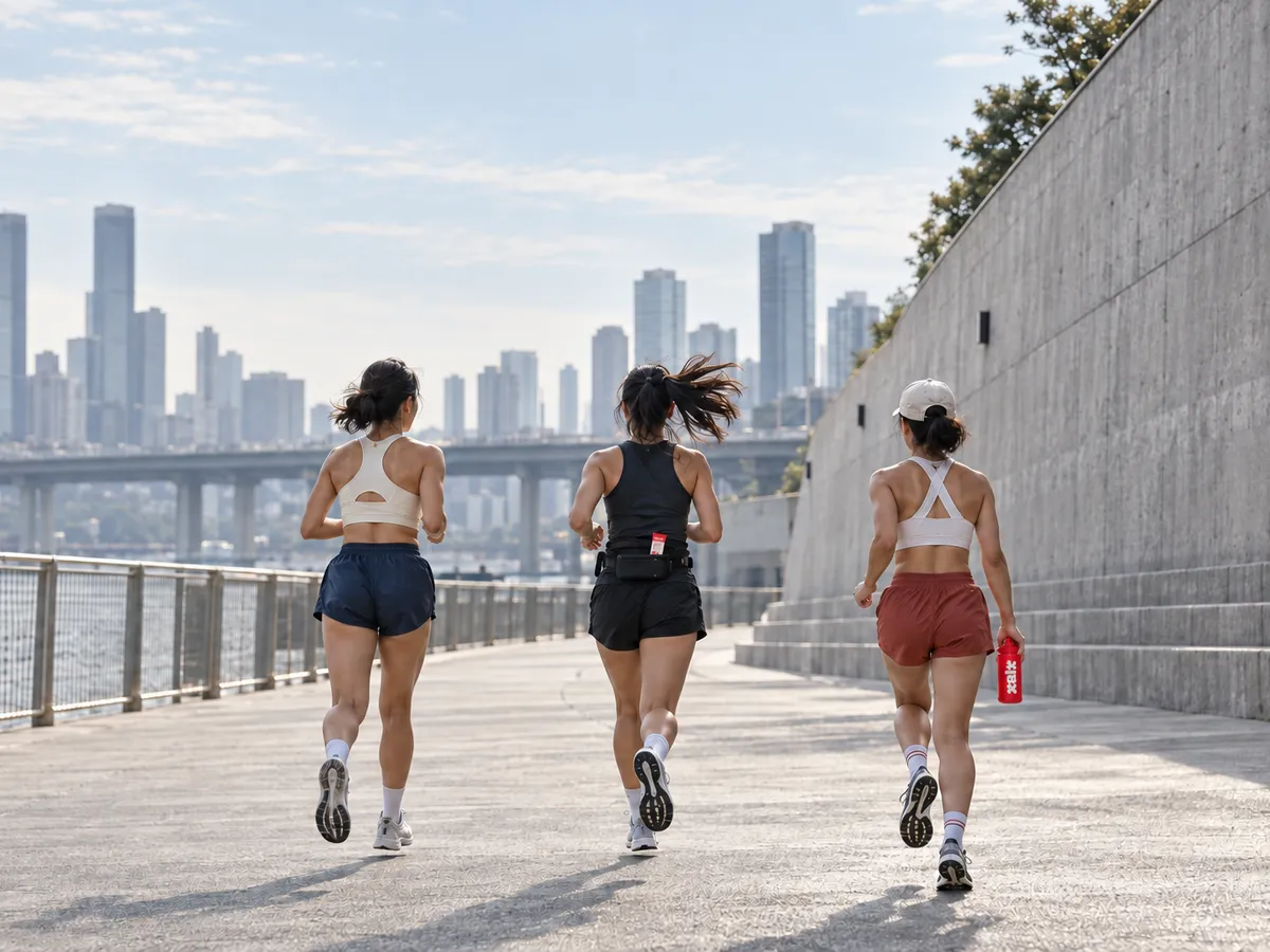 Three runners on a waterfront path